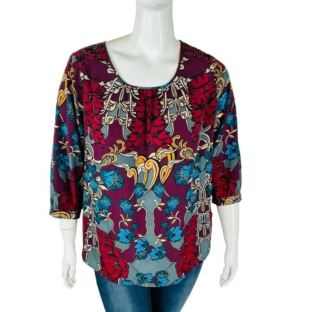Lane Bryant Womans 16 Blouse Floral 3/4 Sleeve Maroon Blue Round Neck Beads